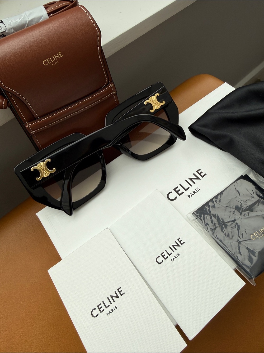 Celine Black Square Acetate Sunglasses with Gold Triomphe Emblem - Picture 5 of 6